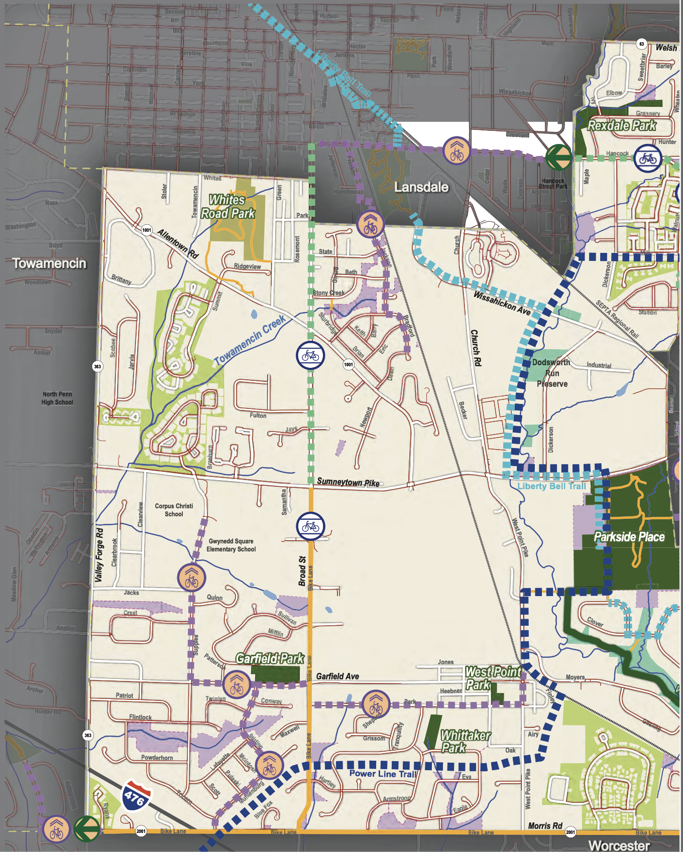 Upper Gwynedd Map showing proposed trails, bike lanes and sharrows.